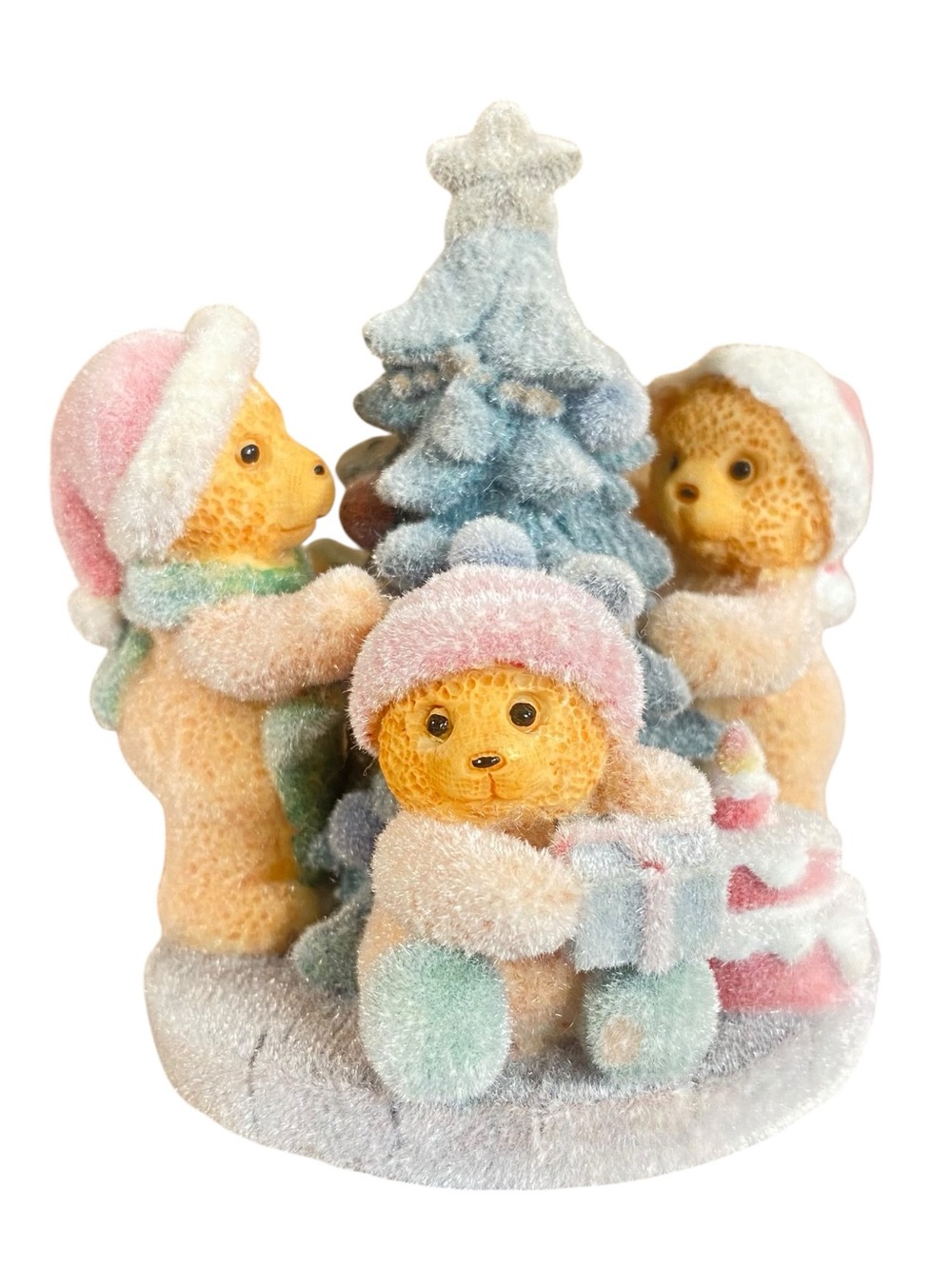 Flocked Vevet Teddy Bears Holiday Figurine Christmas Table Decor Ceramic Pastel